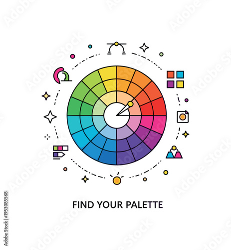 Color harmony concept centered on a balanced color wheel with evenly spaced vibrant segments, expressing visual balance and design theory fundamentals. A