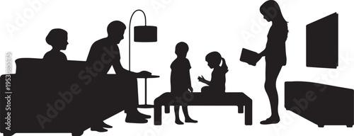 Black silhouette of family in living room with woman holding laptop