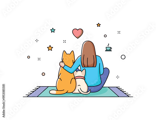 Shared relaxation moment pet and owner sitting together on a soft rug with subtle heart accent above, conveying companionship and everyday closeness. A gentle