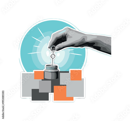 A realistic monochrome hand dipping a bubble wand into a small container, bold circular halo behind symbolizing playful energy, abstract geometric blocks