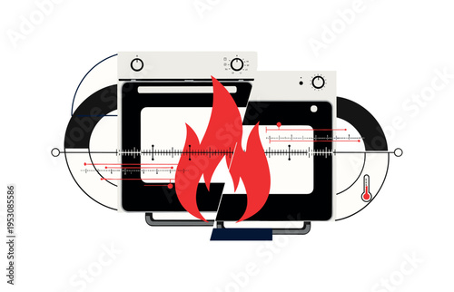 Black and white fragmented oven door combined with a large red flame icon overlapping, thin horizontal timeline lines referencing cooking time, geometric