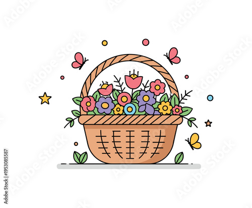 Summer garden harvest basket illustrated by a basket brimming with mixed garden flowers and subtle butterfly accents, symbolizing abundance and warm sunny