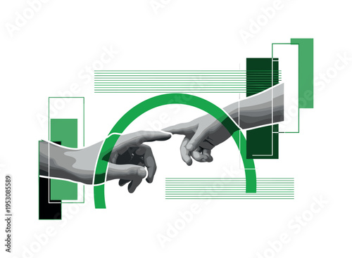 Monochrome close-up of two hands ? parent and child ? touching in zero gravity, intersected by a bold green arc and thin horizontal stripes suggesting calm