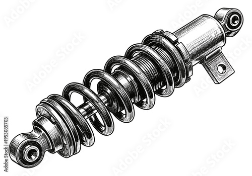 Detailed illustration of a motorcycle shock absorber with a spring and mounting points
