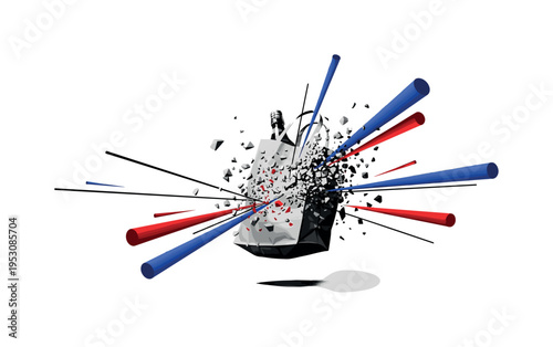 Black and white grocery bag floating in air transforming into fragmented geometric debris, sharp linear beams and cylindrical shapes structuring motion, cobalt