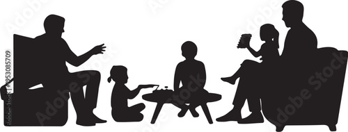 Black silhouette of family sitting in living room white background