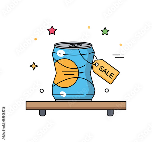 Discounted item shelf slightly dented can with small price tag reading Sale attached to it. A modern concept badge about reduced pricing due to cosmetic