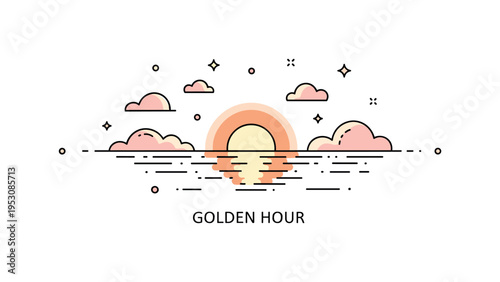 Sky over water at sunset with a wide horizon line reflecting warm light across calm waves. A soft sun disk, gentle cloud shapes and subtle ?Golden Hour?