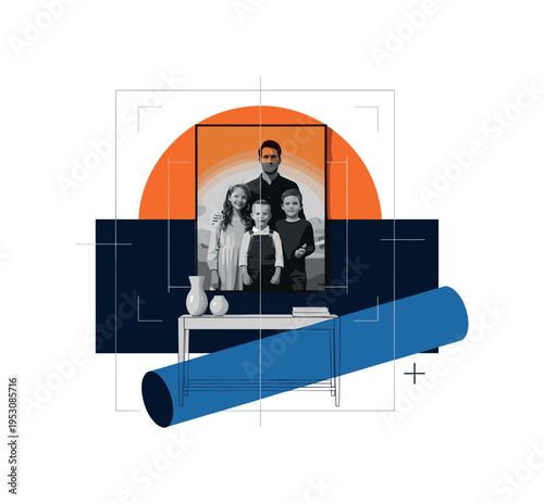 Black and white large central square fragmented by diagonal lines, bold orange semicircle intersecting upper corner, blue vertical stripe dividing composition