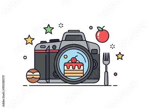 Culinary travel storytelling built around a DSLR camera with a local dessert reflected in the lens, while small star and fork icons highlight flavor and visual