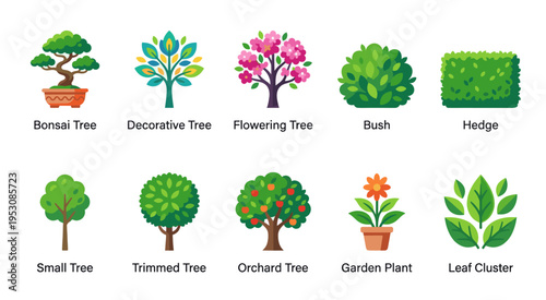 A vibrant collection of flat design icons representing various plants, including trees, bushes, hedges, and flowers, perfect for nature or gardening themes.