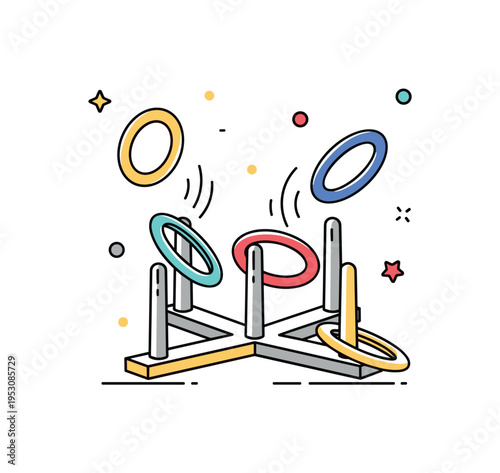Ring toss lawn game illustrated with upright pegs and colorful rings mid throw forming a dynamic yet tidy composition. A cheerful editorial concept about