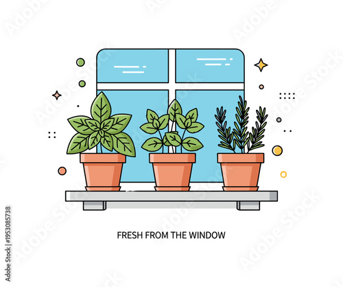 Windowsill herb garden concept featuring three small pots with basil, mint and rosemary leaves arranged neatly in a row. A short ?Fresh from the Window? text