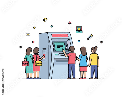 ATM machine with a small queue of people waiting and interacting with the screen, conveying efficiency, accessibility, and everyday urban banking. Minimalist