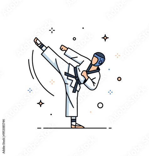 Taekwondo high kick action featuring a martial artist in a dobok performing a dynamic roundhouse kick with a subtle motion arc, expressing discipline, power