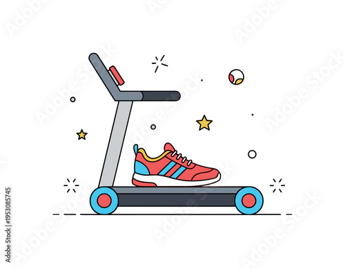 Active lifestyle commitment athletic shoes positioned confidently on a treadmill belt framed by subtle spark accents symbolizing energy. A motivational concept