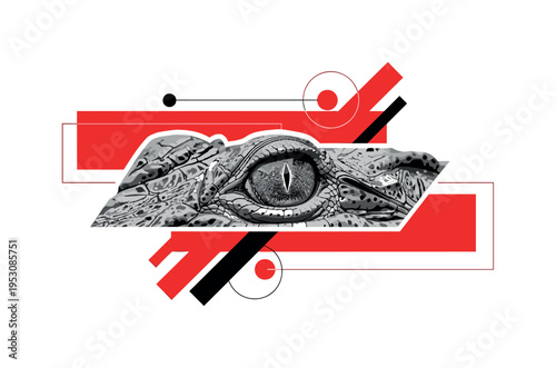 Black and white close-up of crocodile eye and textured scales, combined with bold red rectangular shapes and diagonal lines creating dramatic tension, subtle