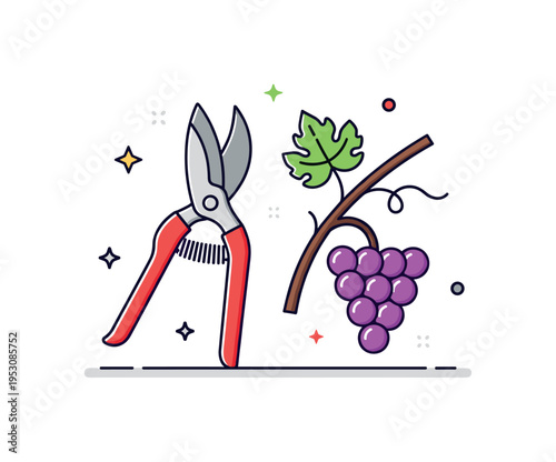 Grape cultivation process pruning shears placed beside a single vine branch with clustered grapes. A concise visual story about careful tending and seasonal