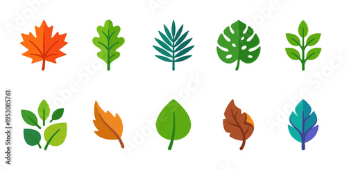 A collection of ten stylized leaf icons in various shapes, sizes, and colors, representing different seasons and plant types.