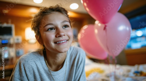 Smiling young girl with pink balloons in hospital room, expressing hope during pediatric care