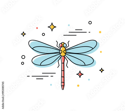 Dragonfly hover slim dragonfly with transparent wing shapes and subtle motion lines indicating still flight. A refined visual metaphor for precision and
