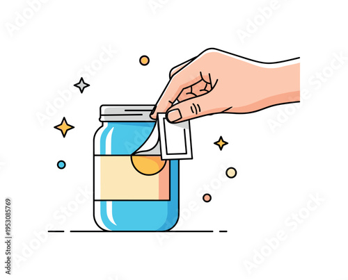 Hand delicately peeling a rectangular label from a jar, showing patience, neatness, and the simple satisfaction of removing a sticker cleanly. Minimalist flat