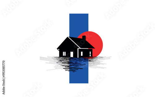 Black and white flooded house silhouette half-submerged in water, bold blue vertical stripe dividing composition, red circular accent overlapping roof area