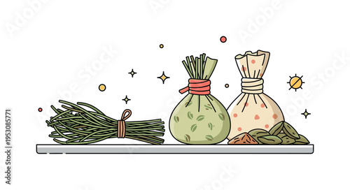 Dried herb bundles next to tied fabric sachets, arranged on a bright countertop, emphasizing natural ingredients and homemade charm. Minimalist flat vector