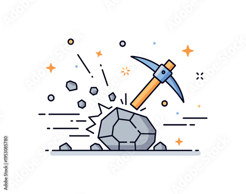 Rock breaking action depicted by a pickaxe striking a stone with minimal motion lines and small fragment shapes flying outward. The badge-like composition