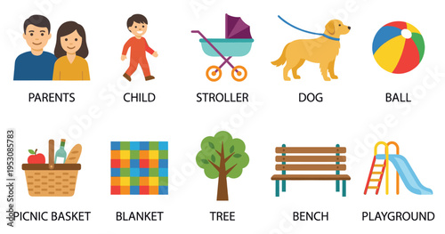A collection of flat vector icons representing a family, child, dog, picnic basket, playground, and other outdoor leisure elements on a white background.