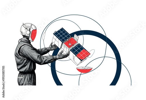 A monochrome robotic figure holding a floating satellite component shaped like a geometric rectangle, oversized circular arcs framing the repair zone, clean