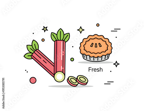 Rhubarb pie preparation sliced pink stalks arranged next to a small pie icon labeled Fresh. A warm editorial illustration about baking traditions and tangy