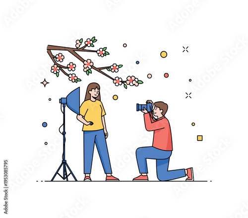 Nature portrait session person posing beneath blossoming branches while photographer kneels slightly with camera raised. A lively editorial illustration about