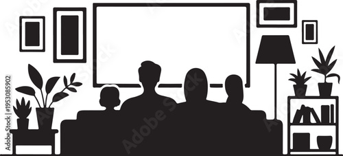 Black silhouette of family watching T V in living room with plants and