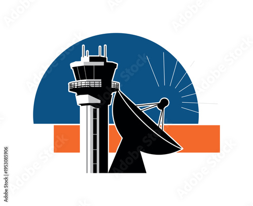 Black and white control tower silhouette combined with abstract satellite dish, deep blue semicircle framing upper half, thin radiating signal lines, bright