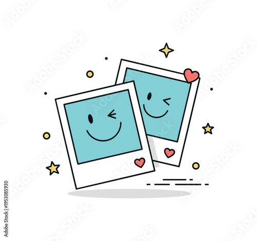 Friendship keepsake two overlapping instant photo frames with simple smiley faces sketched inside. A playful editorial concept about shared experiences and