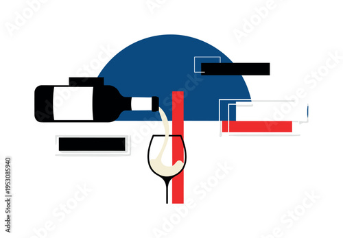 Black and white wine bottle label simplified into geometric block while wine flows into glass, bold deep blue semicircle framing upper half like evening sky,