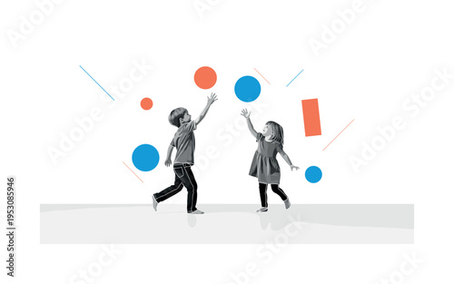 Monochrome siblings playing on the floor, abstract circular and rectangular shapes floating around them symbolizing joy and creativity, thin diagonal lines