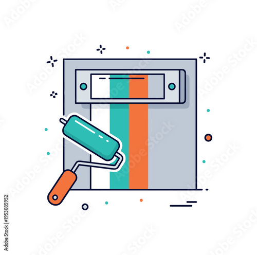 Modern home improvement symbol presenting a roller leaving a smooth uniform stripe across a simplified wall panel, communicating precision and clean design