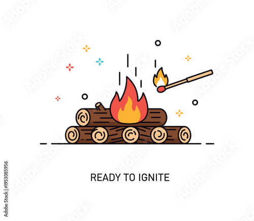 Bonfire night preparation scene highlighting logs arranged in a fire pit with a small matchstick icon ready to light, symbolizing anticipation and ceremony. A