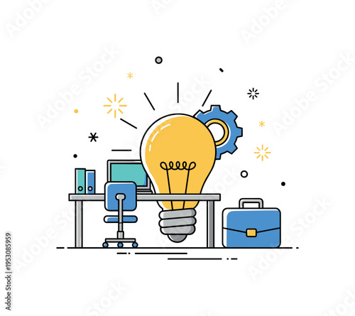 Innovation driven workplace centered on a lightbulb integrated with a gear and briefcase, with subtle spark icons suggesting creative problem solving and