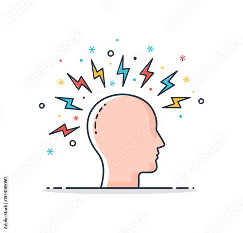 Anxiety surge head silhouette with sharp zigzag lines radiating outward and small scattered dots, conveying intense emotional turbulence. A dynamic yet compact