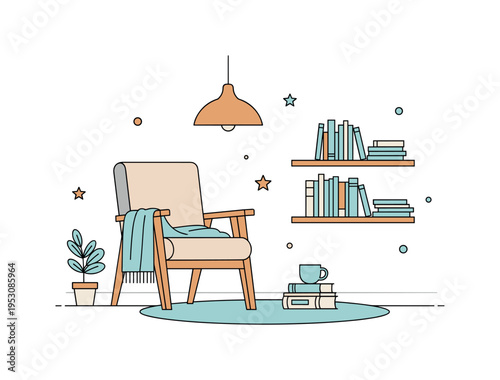 Scandinavian style reading corner illustrated by a light toned chair, soft blanket, and minimal shelf with clean book spines, symbolizing modern interior