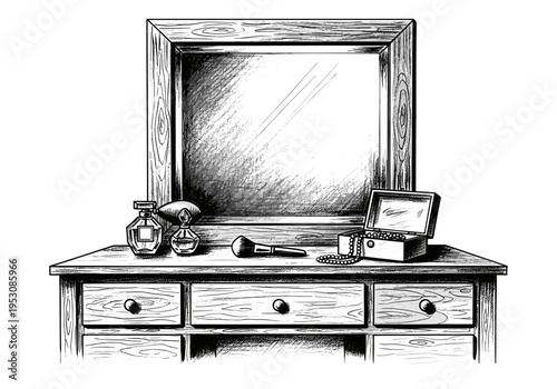 Vintage wooden vanity table with mirror, perfume bottles, makeup brush, and jewelry box