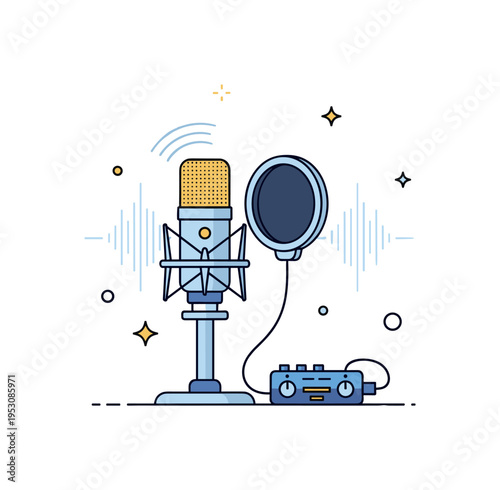 Studio microphone with sound equipment professional condenser microphone mounted on a simple stand with pop filter and small audio interface beside it, subtle
