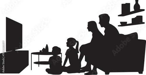Black silhouette of family watching television together