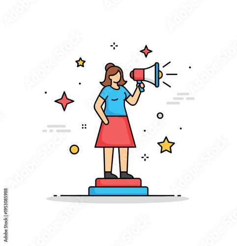Women empowerment demonstration confident figure standing atop a small platform holding a megaphone, star accents highlighting courage and leadership. A