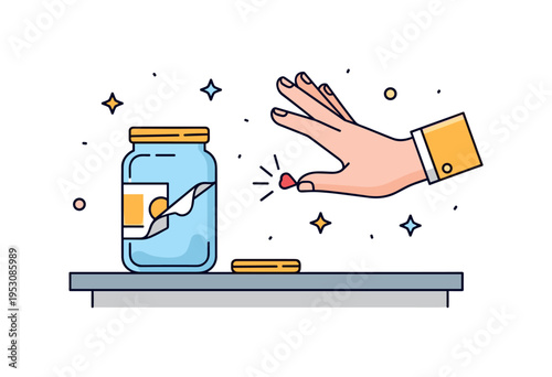 A jar on a countertop with a partially peeled label and a hand in mid-motion, illustrating attention, household routine, and the small satisfaction of sticker