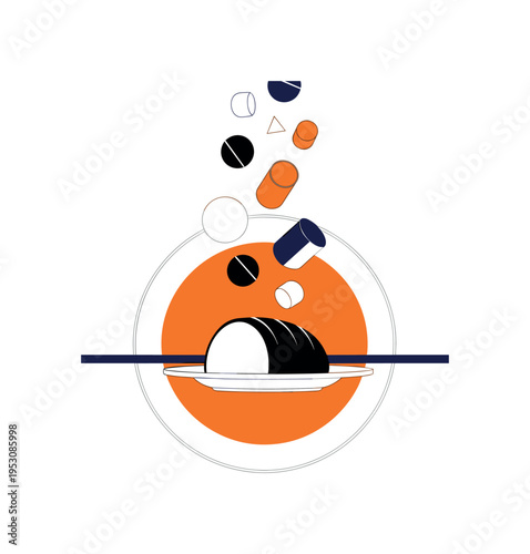 Black and white roast dish on a minimal platter viewed from above, bright orange circular halo behind the plate, thin navy horizontal line grounding the