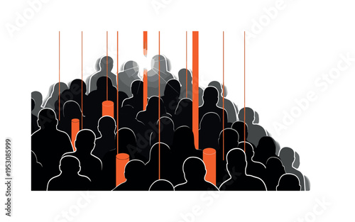 Black and white cluster of overlapping shadowy figures merging together, overlaid with orange cylindrical shapes and thin vertical lines implying endless